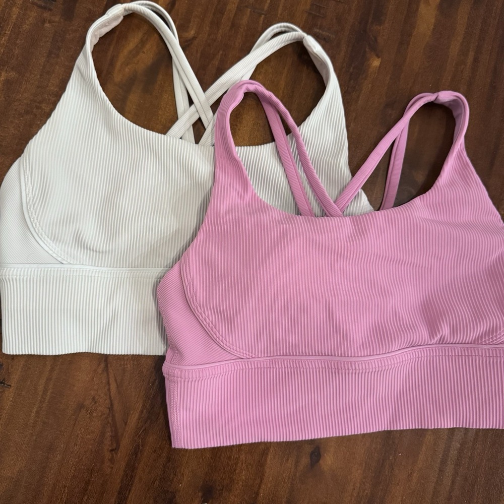 Lululemon Lot Of Two Energy Longline Ribbed Sports Bras, Size 6, Pink/Cream